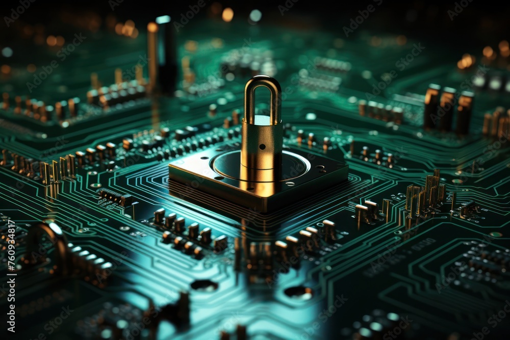 Aufkleber padlock securely placed on circuit board generative ai