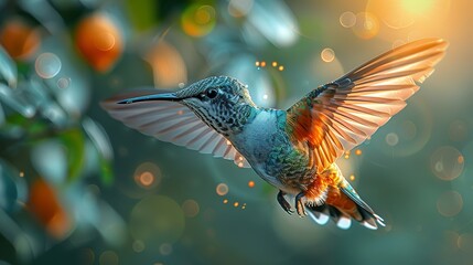 Naklejka premium Flying hummingbird with green forest in background. Small colorful bird in flight. Digital art