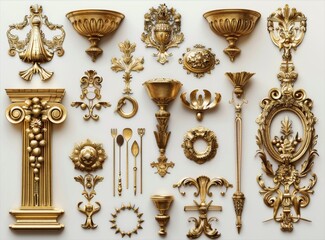 vintage gold royal decor elements isolated on white background