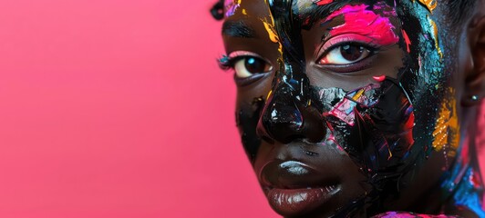 Painting of a pretty young African American woman with black paint and colorful paint on her face