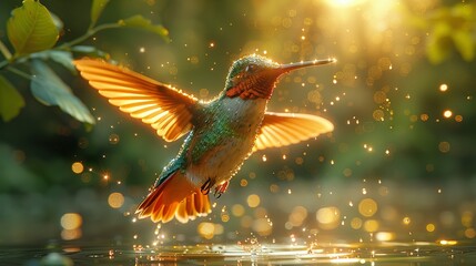 Obraz premium Flying hummingbird with green forest in background. Small colorful bird in flight. Digital art