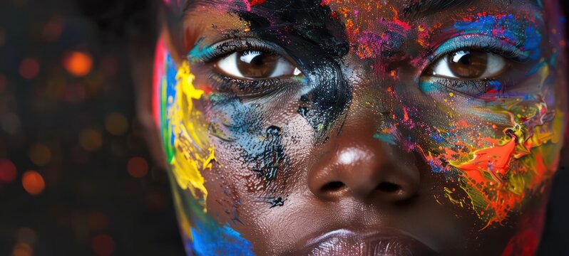 Painting of a pretty young African American woman with black paint and colorful paint on her face