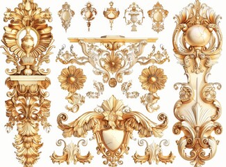 vintage gold royal decor elements isolated on white background