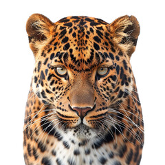 Obraz premium Captivating image of a fierce wild jaguar cat charging towards the camera with intense eyes ,set against a white background