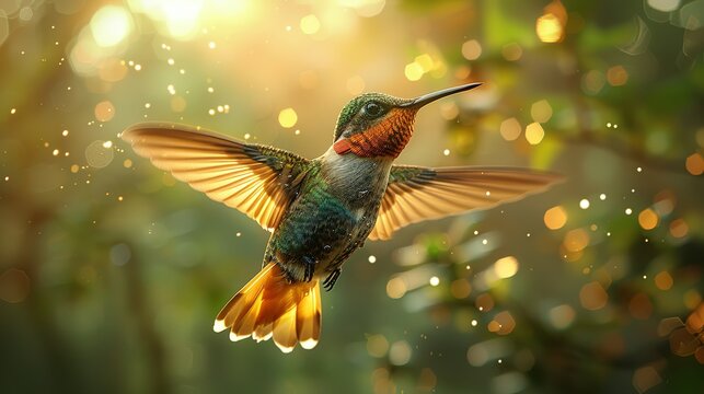 Flying hummingbird with green forest in background. Small colorful bird in flight. Digital art