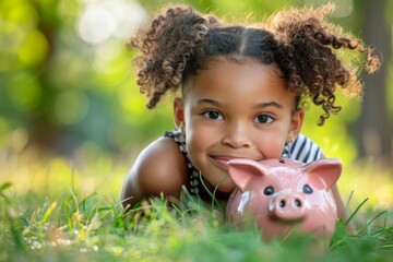 Girl saving money with piggy bank - obrazy, fototapety, plakaty