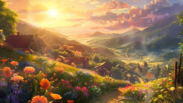 Picturesque mountain view featuring cozy house and meandering path. Seamless Looping 4k Video Animation