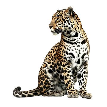 Captivating image of a fierce wild jaguar cat charging towards the camera with intense eyes ,set against a white background