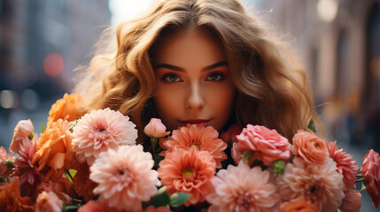Naklejka premium A young girl with a large bouquet covering her face against the background of high-rise buildings. Generative AI