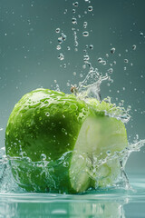 Ripe apples with splashes of water on a coloured background, flying or rubbing in