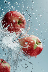 Ripe apples with splashes of water on a coloured background, flying or rubbing in