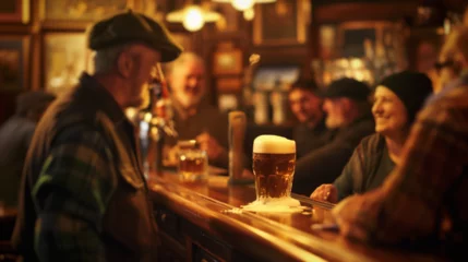 Fotobehang In the warm glow of a traditional Irish pub, cheerful friends gather, enjoying pints of beer amidst laughter and convivial chatter, embodying the spirit of camaraderie. © tjshot