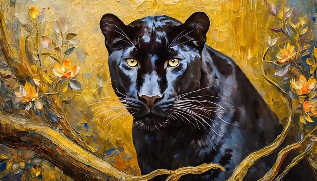Golden oil painting of a black panther