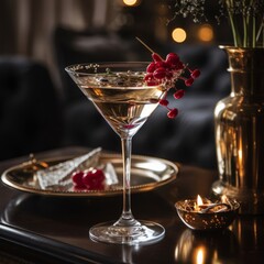 Martini glass filled with assorted berries surrounded by flickering candles on beautifully set table. For Christmas greeting, advertising Christmas partie, event, in restaurant, bar, banner.