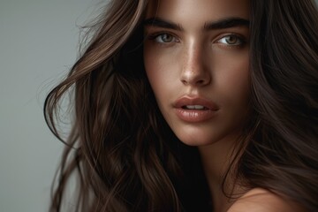 Naklejka premium A high-definition close-up captures the natural beauty of a young woman, showcasing her wavy hair, striking gaze, and detailed facial features