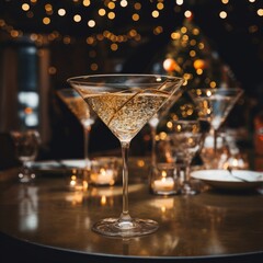 Martini cocktail is elegantly placed on table in front of beautifully background, creating festive sophisticated holiday ambiance. For advertising a restaurant, bar, cocktail party, menu, banner.