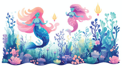 Naklejka na ściany i meble Enchanting underwater kingdom with mermaids and sea