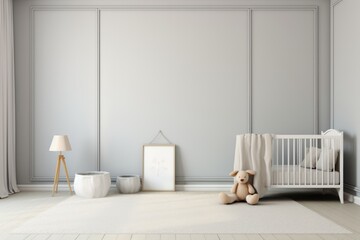 Minimalist nursery room for boy or girl. Baby room interior, in soft pastel colors, scandinavian...