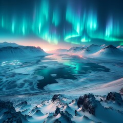 Naklejka premium Mystical Aurora Over Icy Mountainous Terrain
