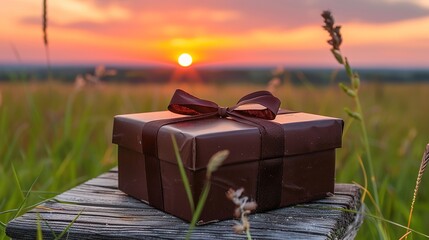 A brown box with a ribbon sits on a wooden bench in a field
