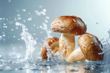 Mushrooms fall into water, water splash drain sleeping mushrooms over a coloured background of freshly washed mushrooms - obrazy, fototapety, plakaty