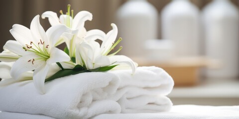 A serene spa environment with fresh white lilies resting on fluffy towels, suggesting luxury and relaxation..