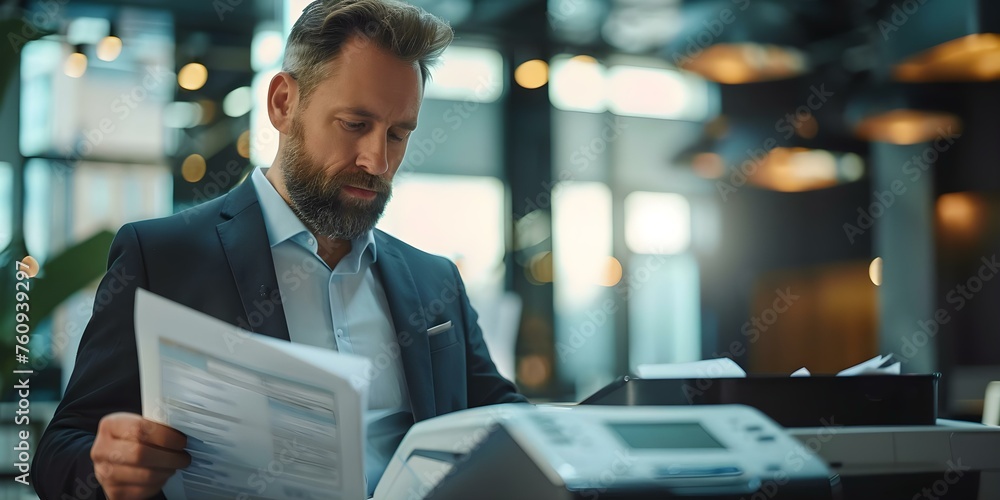 Poster a busy workspace with a man using a modern office printer / copier / scanner. concept office setting