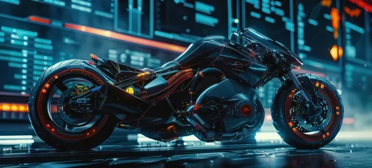 Deurstickers Realistic cyberpunk motorbike in dark mood. Big vehicle bike with cool futuristic design, vivid color scheme © Ibad