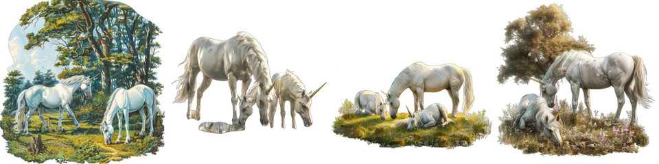 Unicorns grazing in a sunlit clearing Hyperrealistic Highly Detailed Isolated On Transparent Background Png File - obrazy, fototapety, plakaty