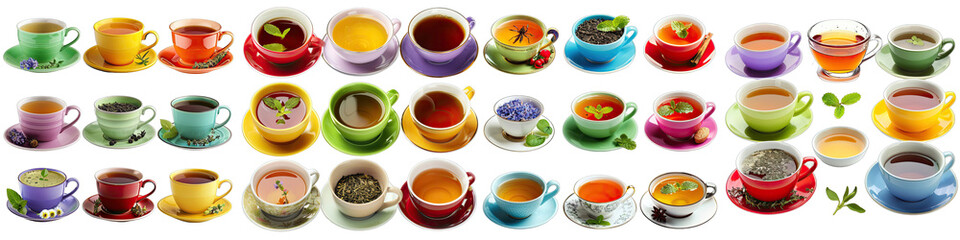 Variety of herbal teas in colorful cups Hyperrealistic Highly Detailed Isolated On Transparent Background Png File