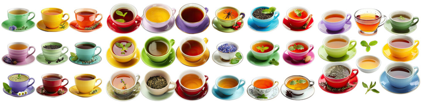 Variety of herbal teas in colorful cups Hyperrealistic Highly Detailed Isolated On Transparent Background Png File