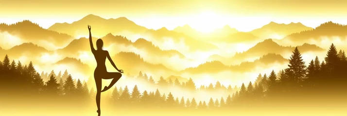Schilderijen op glas Silhouette of a single woman practicing a yoga tree pose at mountain sunrise with misty forest background © Nadya