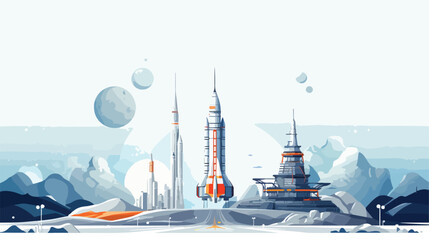 Futuristic spaceport with rocket launches and inter