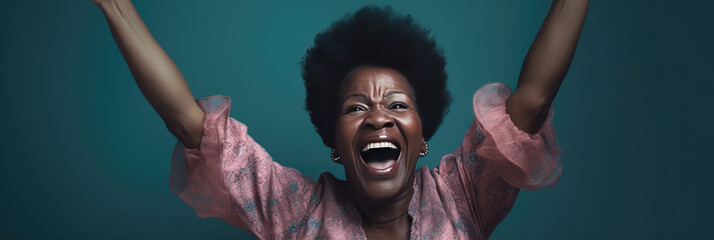 Happy African American woman with raising her arms. Banner.