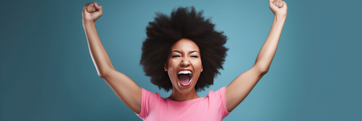 Happy young African American woman with raising her arms. Banner