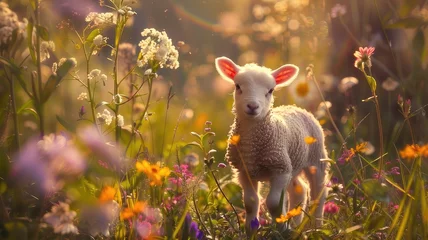 Fotobehang Small Cute Lamb Gambolling in a Meadow, Innocence and Playfulness Amid Vibrant Wildflowers and Sunlit Grass © Didikidiw61447