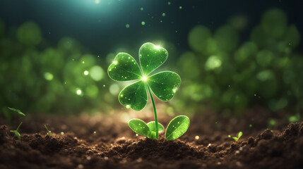 A magical 4-leaf clover that grew from the soil. - Generative AI - obrazy, fototapety, plakaty