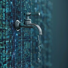 concept of dat leak, leaky software, data with a tap sticking out. Protection of data. 