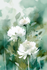 pastel watercolor floral background image with white flowers, in the style of light emerald and white