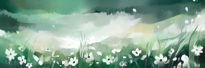 pastel watercolor floral background image with white flowers, in the style of light emerald and white. banner.