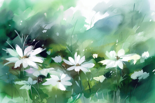 pastel watercolor floral background image with white flowers, in the style of light emerald and white.