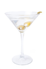 A martini glass filled with a clear liquid and two olives floating in it