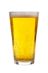 A glass of beer is sitting on a white background