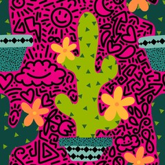 Fototapeta na wymiar Summer floral seamless cartoon cactus pattern for wrapping paper and fabrics and linens and vacation accessories