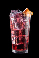 A glass of red drink with ice cubes and a slice of orange on top