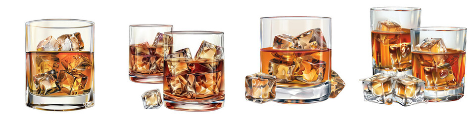 Whiskey glasses with ice cubes- Hyperrealistic Highly Detailed Isolated On Transparent Background Png File