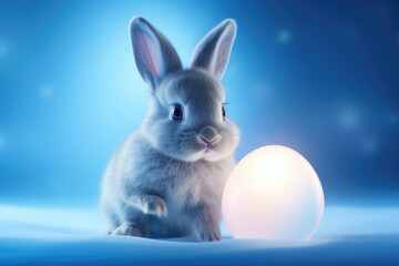 white rabbit with a egg on blue light background.