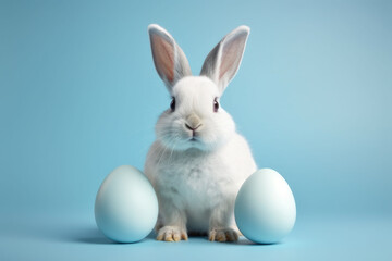 cute bunny with eggs in blue light backgroun