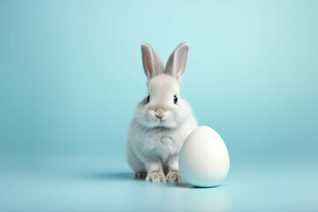 Fototapeta na wymiar white rabbit with a egg on blue light background.