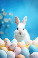 white rabbit with a lot of colored eggs on blue light background